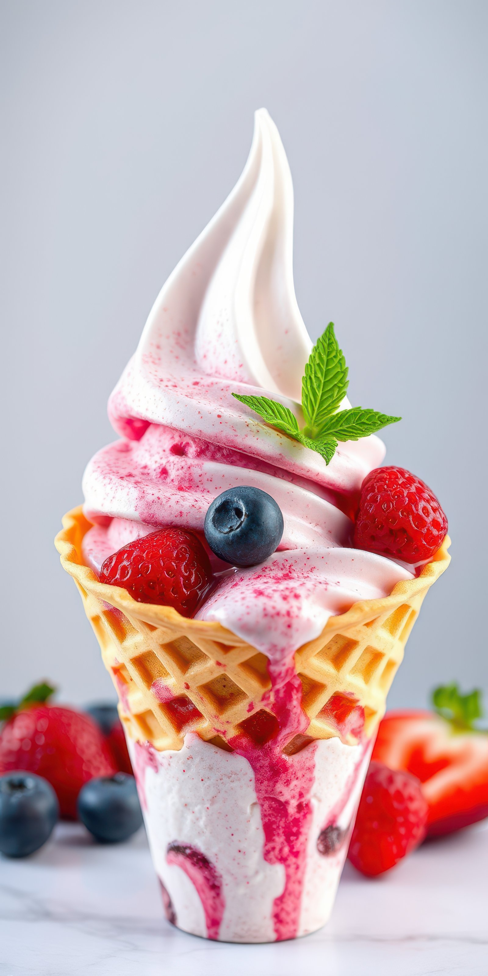 Soft serve ice cream topped with fresh berries in a waffle cone captured in a bright setting
